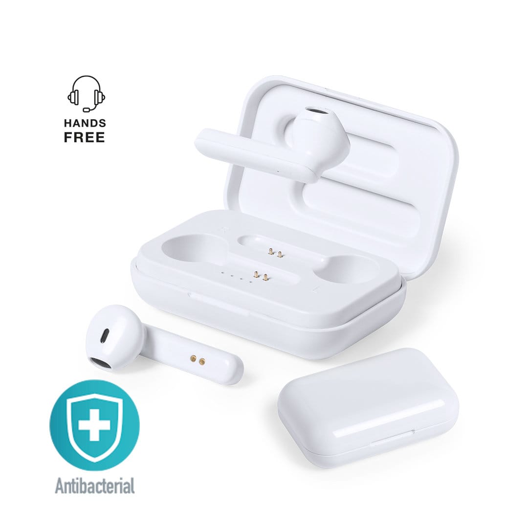 White antibacterial earphones displayed in their charging case, featuring a sleek design and a logo on the case. Kikey Antibacterial Earphones - Image 1