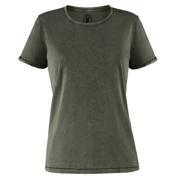 A green women's t-shirt with a round neckline and short sleeves. It features a branding logo at the neckline. Husky Womens T-Shirt - Image 1