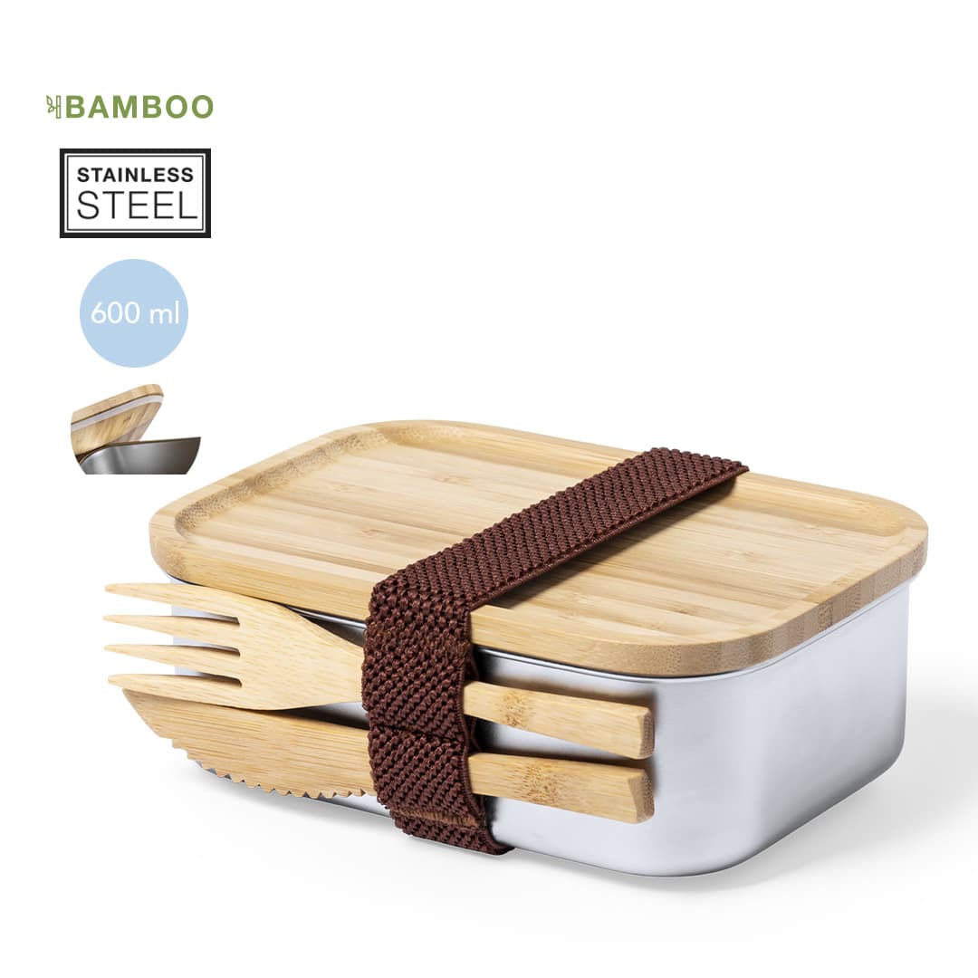 A stainless steel lunch box with a bamboo lid, secured with a brown strap, accompanied by wooden utensils. Sariul Lunch Box - Image 1