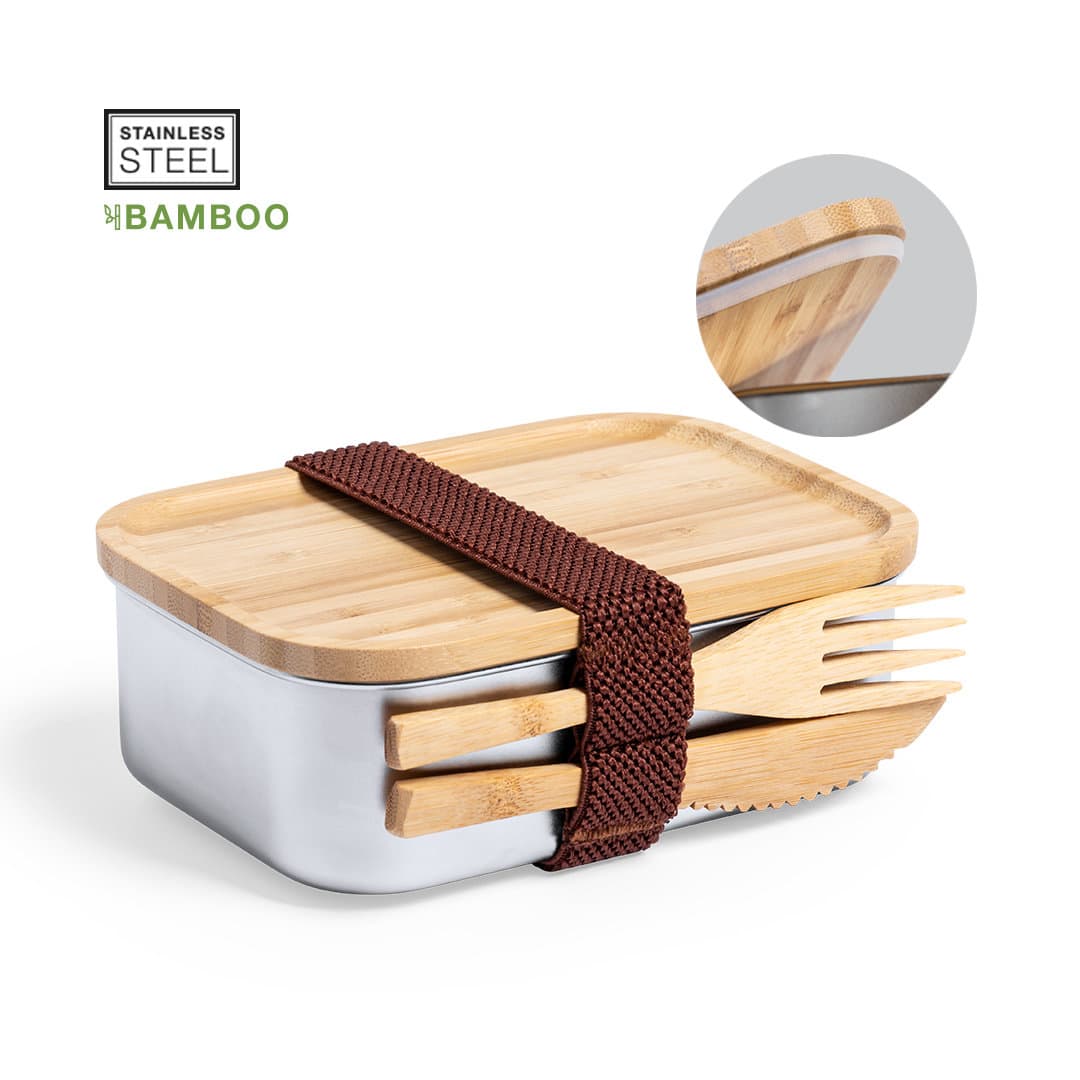 A stainless steel lunch box with a bamboo lid, secured by a brown strap and accompanied by wooden utensils. Sariul - Image 1