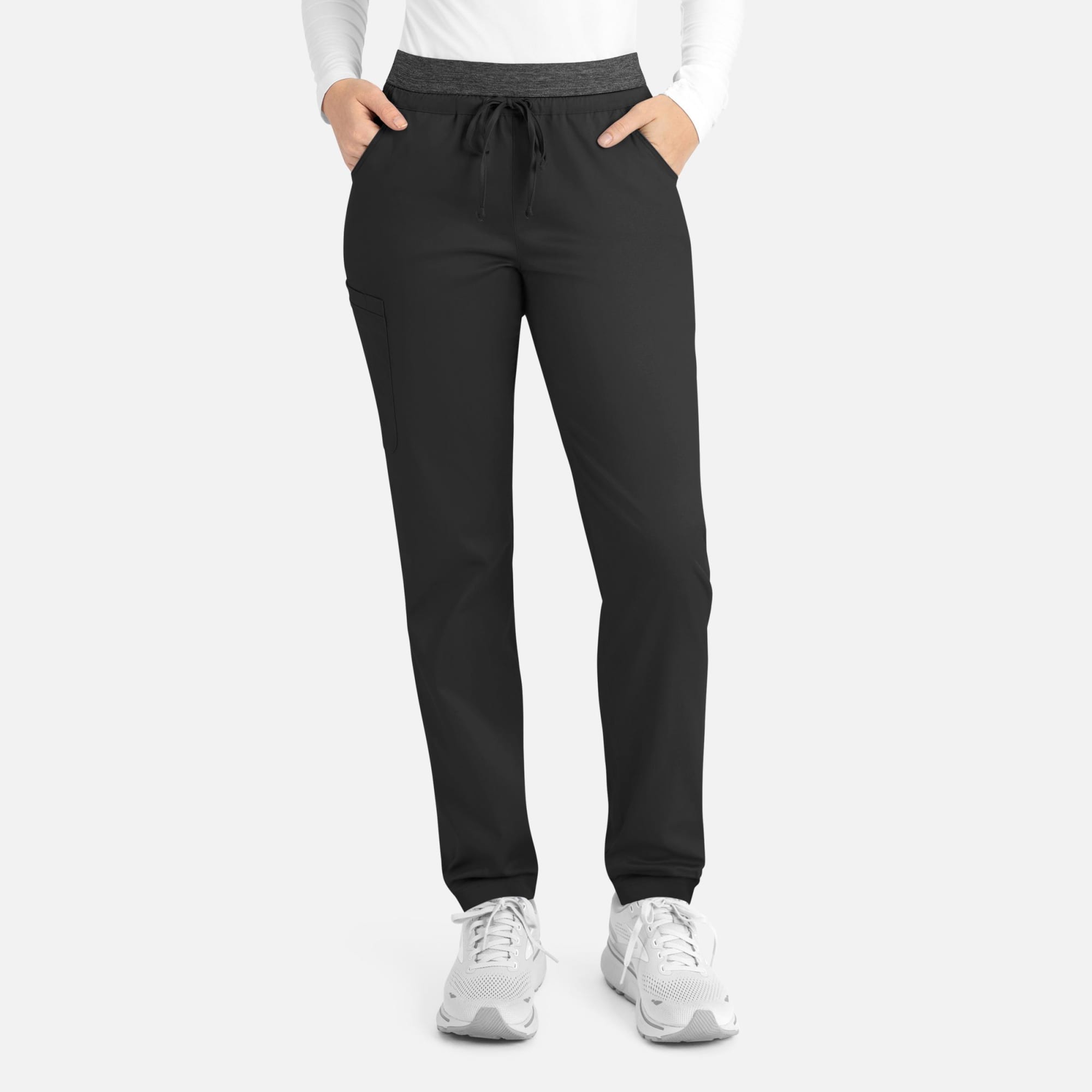 A pair of women's cargo pants in black with a contrast grey waistband and pockets, featuring a drawstring. Matrix Womens Contrast E Band Cargo Pant - Image 1