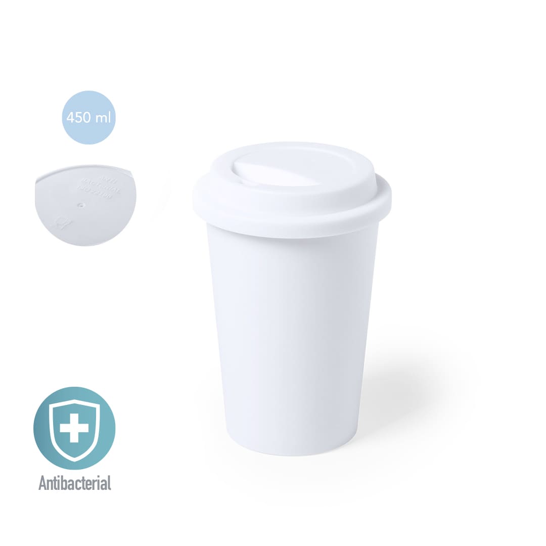 A white antibacterial cup with a lid, holding 450 ml, featuring a logo on the side. Koton Antibacterial Cup - Image 1