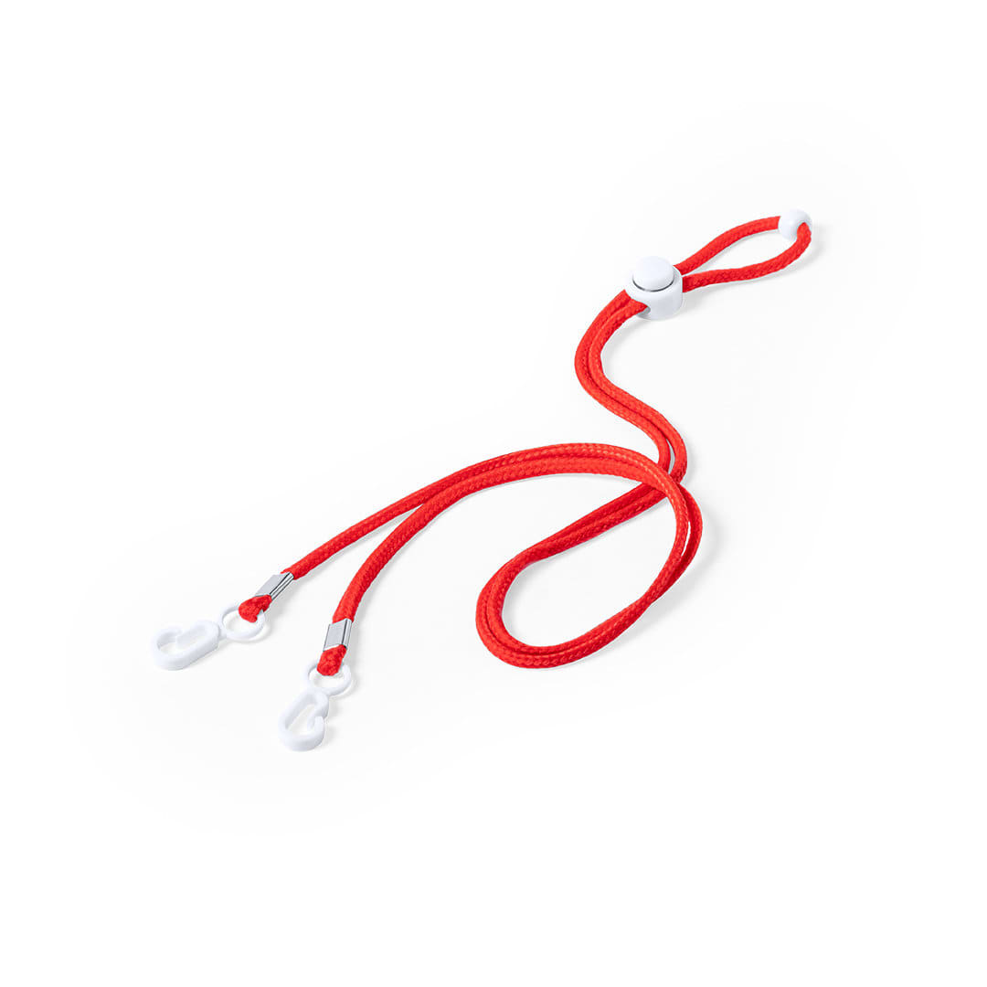 A red lanyard with white clips and an adjustable slider. It has a simple, functional design. Menfix Lanyard - Image 1