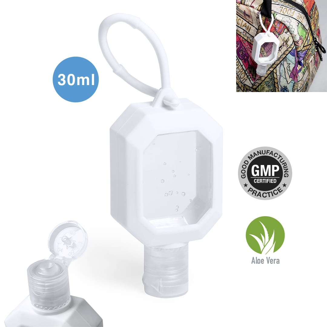 A 30ml white hand sanitiser bottle with a transparent section, featuring a loop for attachment and an Aloe Vera symbol. Flaix Hydroalcoholic Gel - Image 1