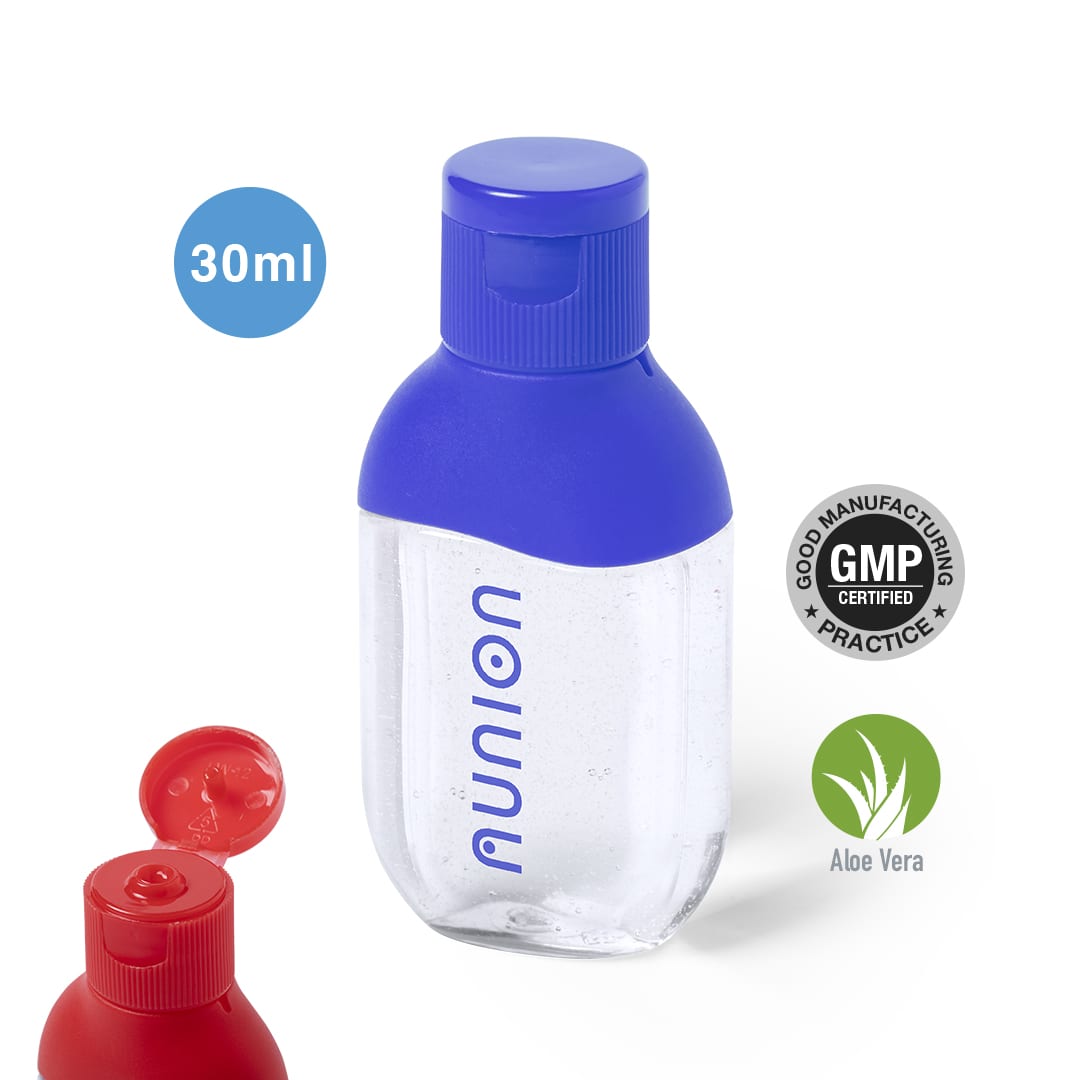 A clear hand sanitiser bottle with a blue cap, containing 30ml of gel, featuring a logo and an aloe vera icon. Vixel Hydroalcoholic Gel - Image 1