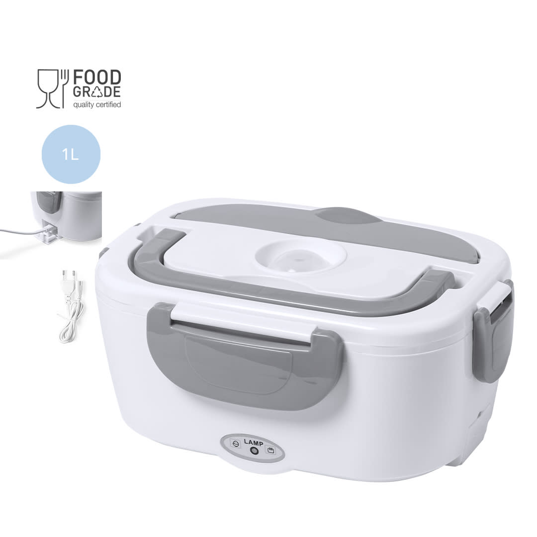 A grey and white electric lunch box with a handle, featuring a power cord and a food grade certification emblem. Calpy Electric Lunch Box - Image 1