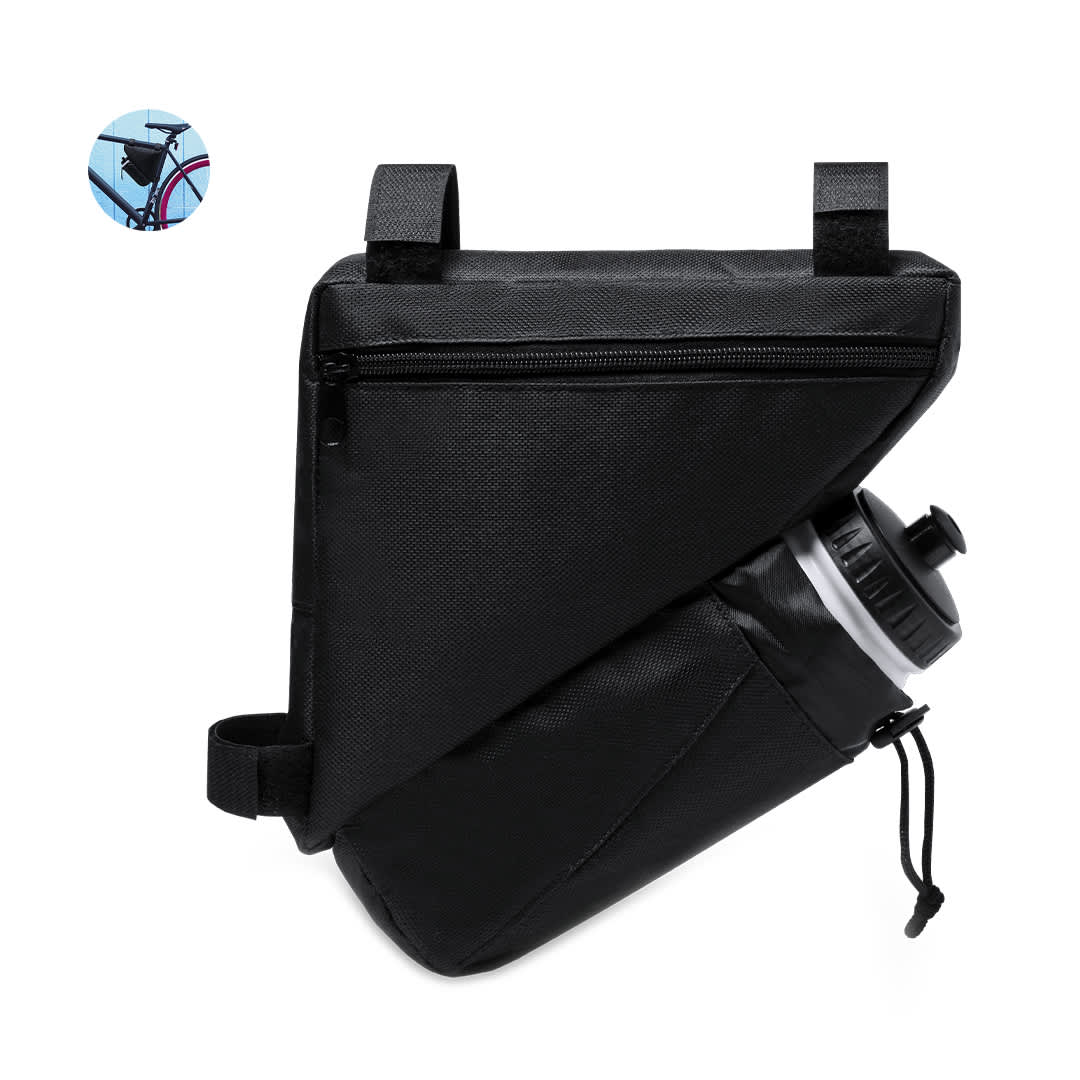 A black bike bag with a drink bottle, featuring a zipper compartment and a logo. Ideal for various storage needs. Leven Bike Bag - Image 1