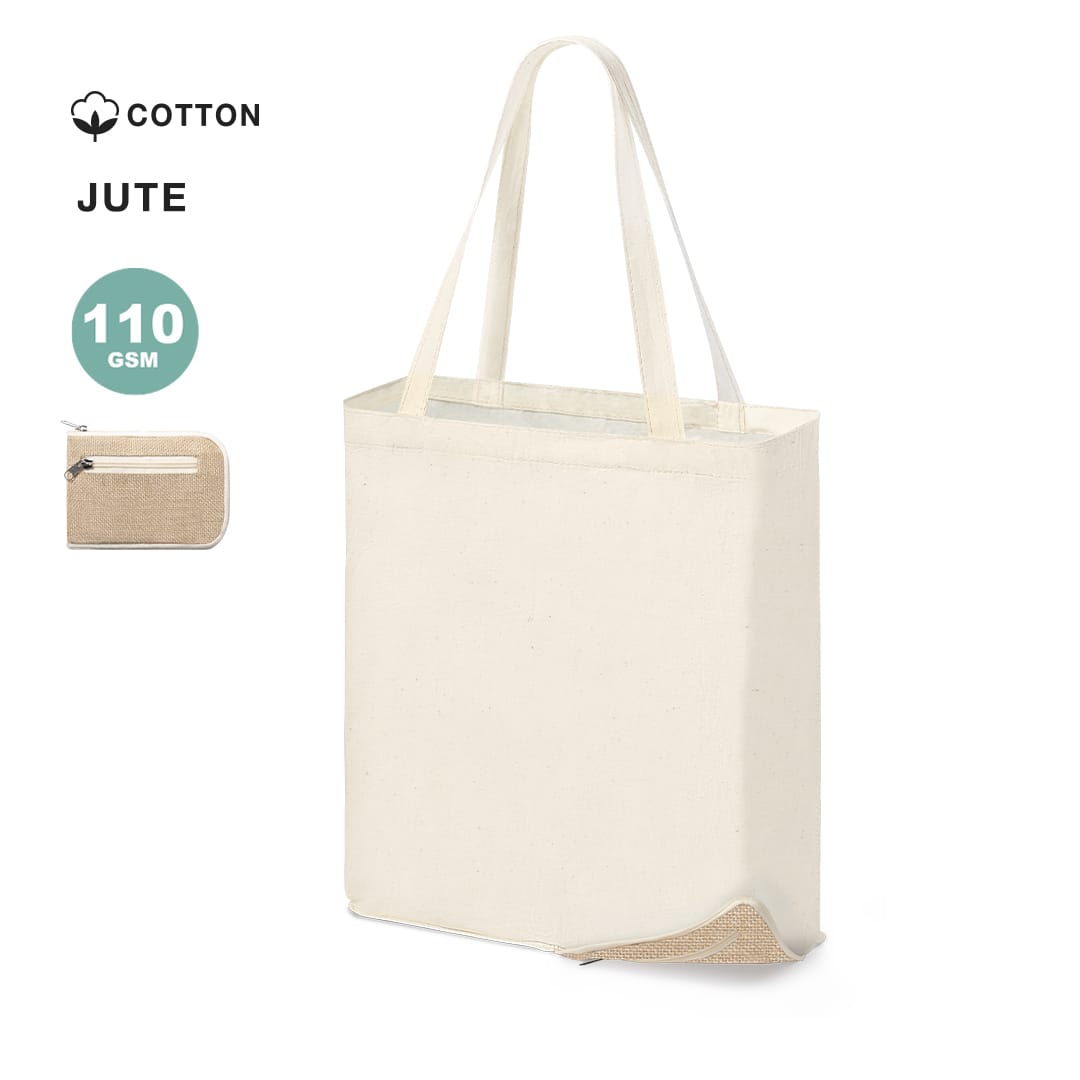 A foldable jute bag in cream colour with two handles and a zippered pocket. It has a branding logo. Dylan Foldable Bag - Image 1