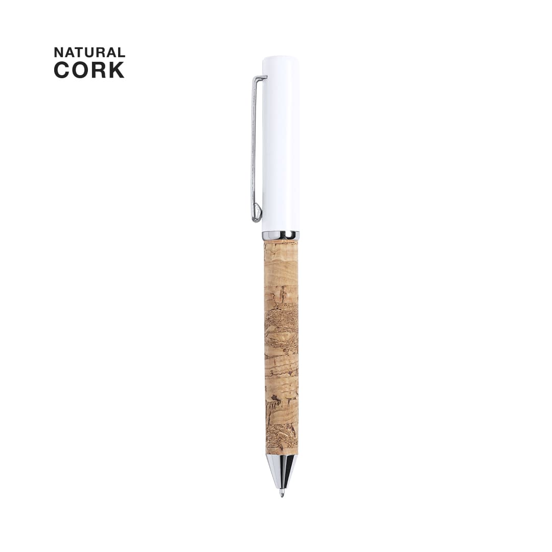 A metal pen with a cork grip, featuring a white body and silver accents. The pen includes a branding logo. Siliax Pen - Image 1