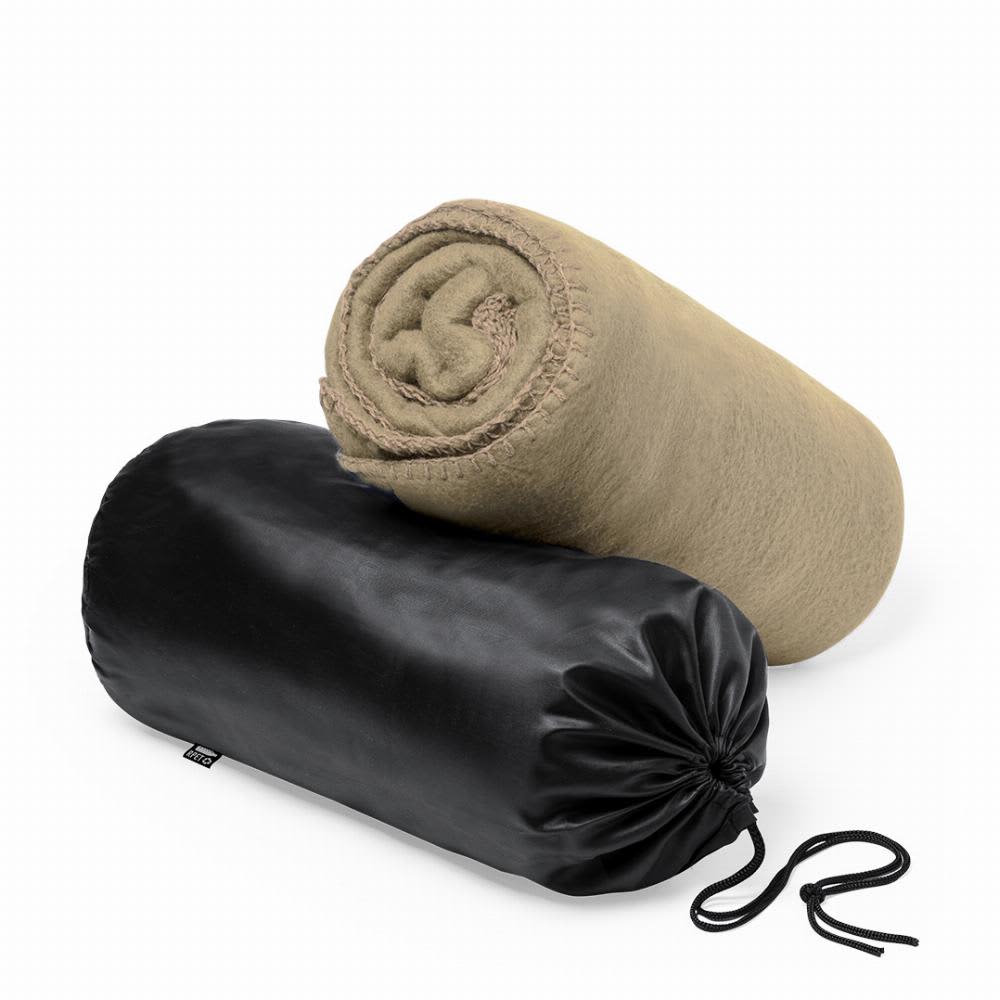 A rollable blanket in beige, placed above a black storage pouch, featuring a drawstring closure. Kayla - Image 1