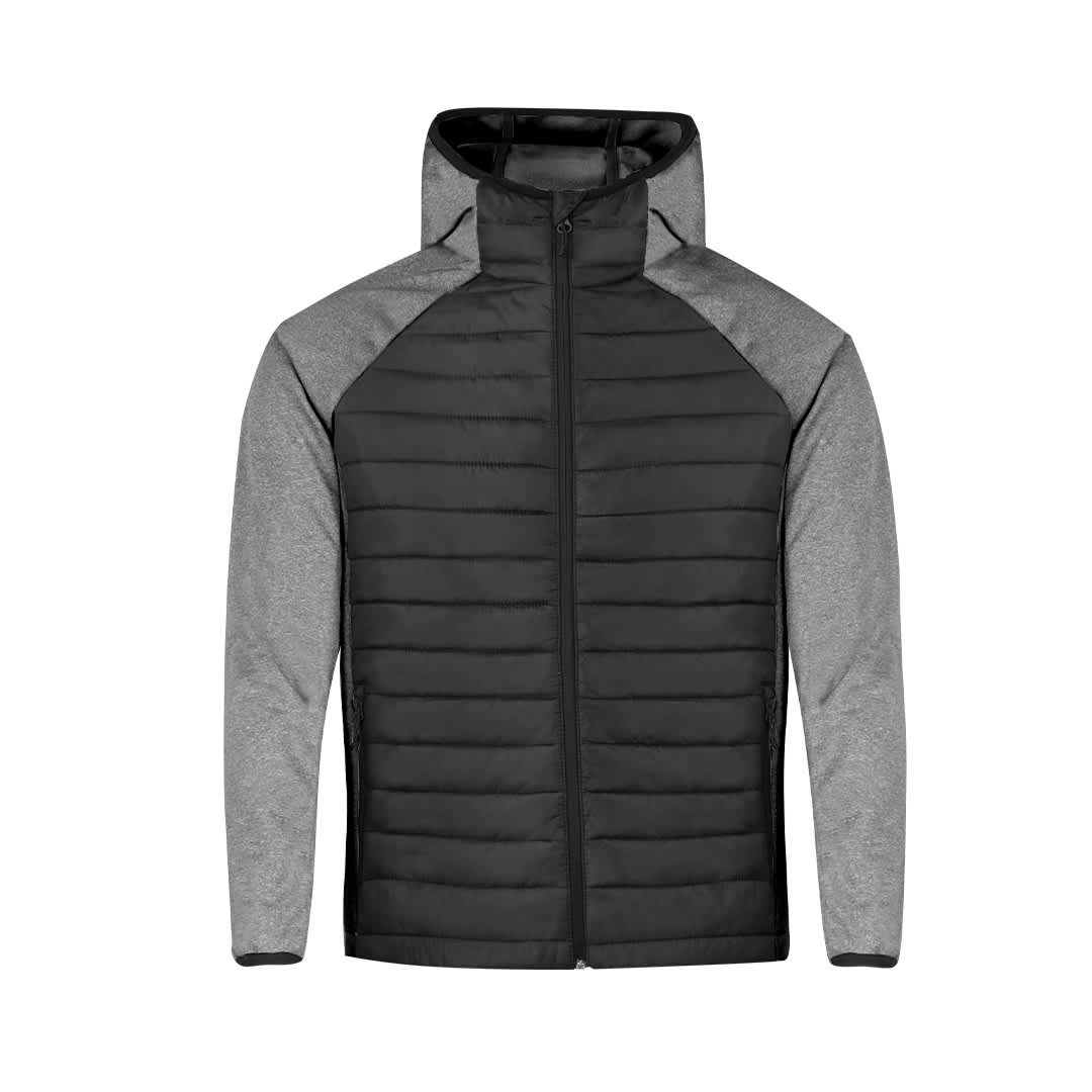 A soft shell jacket featuring a black body and grey sleeves, complete with a hood and a zip closure. Kimpal Jacket - Image 1