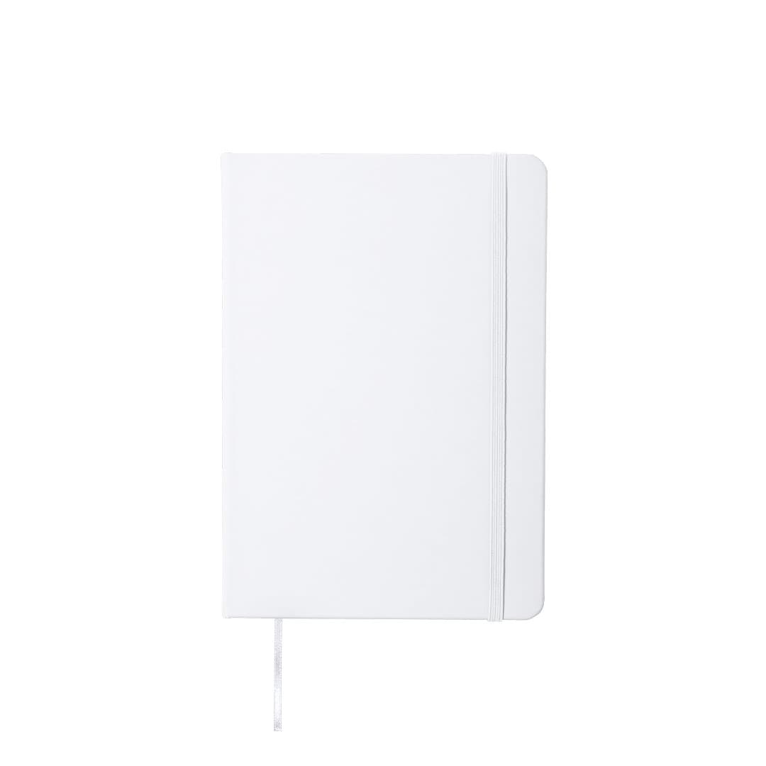 A white antibacterial notepad with a glossy finish, featuring a bookmark ribbon and an elastic closure. Kioto Antibacterial Notepad - Image 1