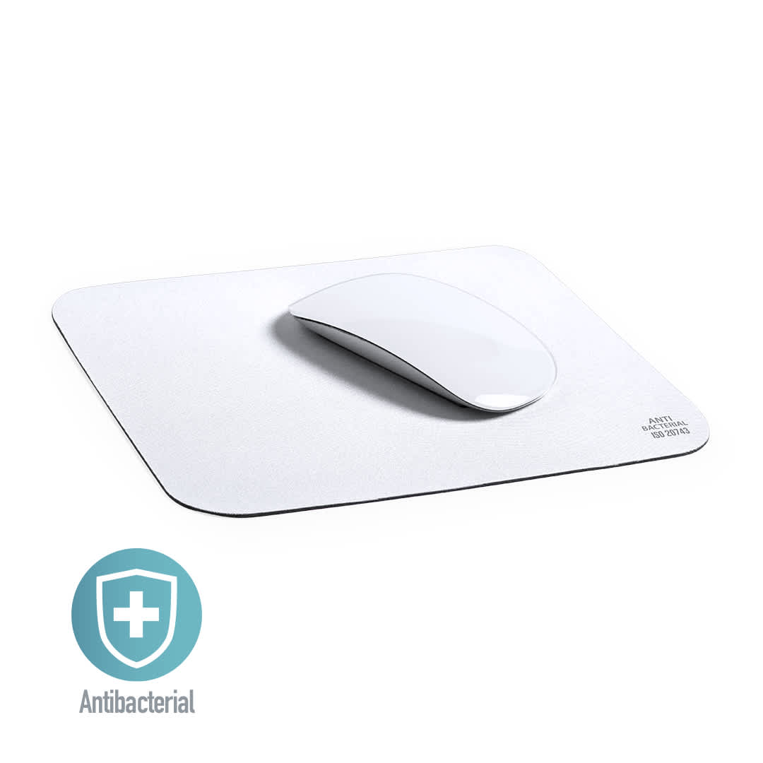 An antibacterial mousepad in white with a sleek design and a computer mouse positioned on top. Walin Antibacterial Mousepad - Image 1