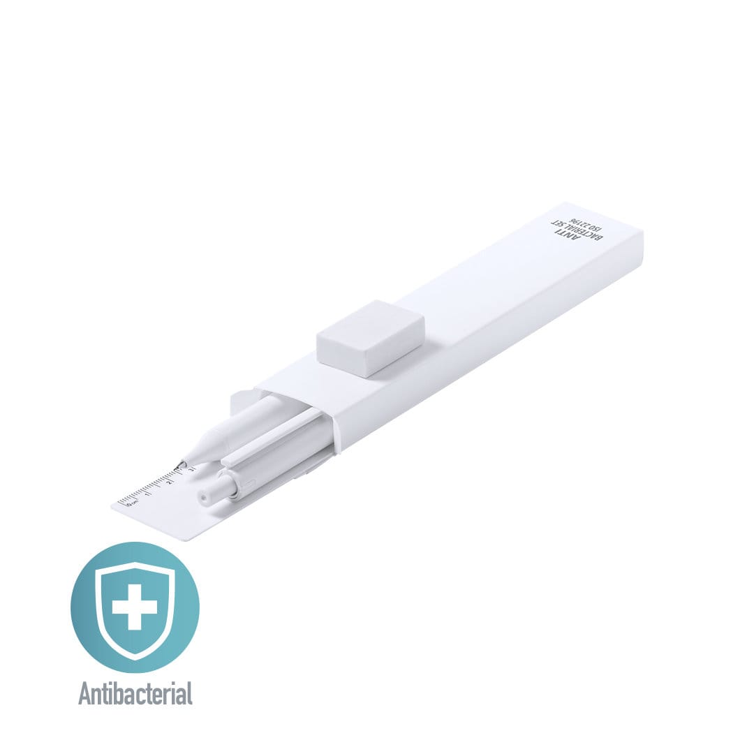 A white antibacterial set featuring two pens and a ruler, enclosed in a sleek, white case with a logo. Riply Antibacterial Set - Image 1