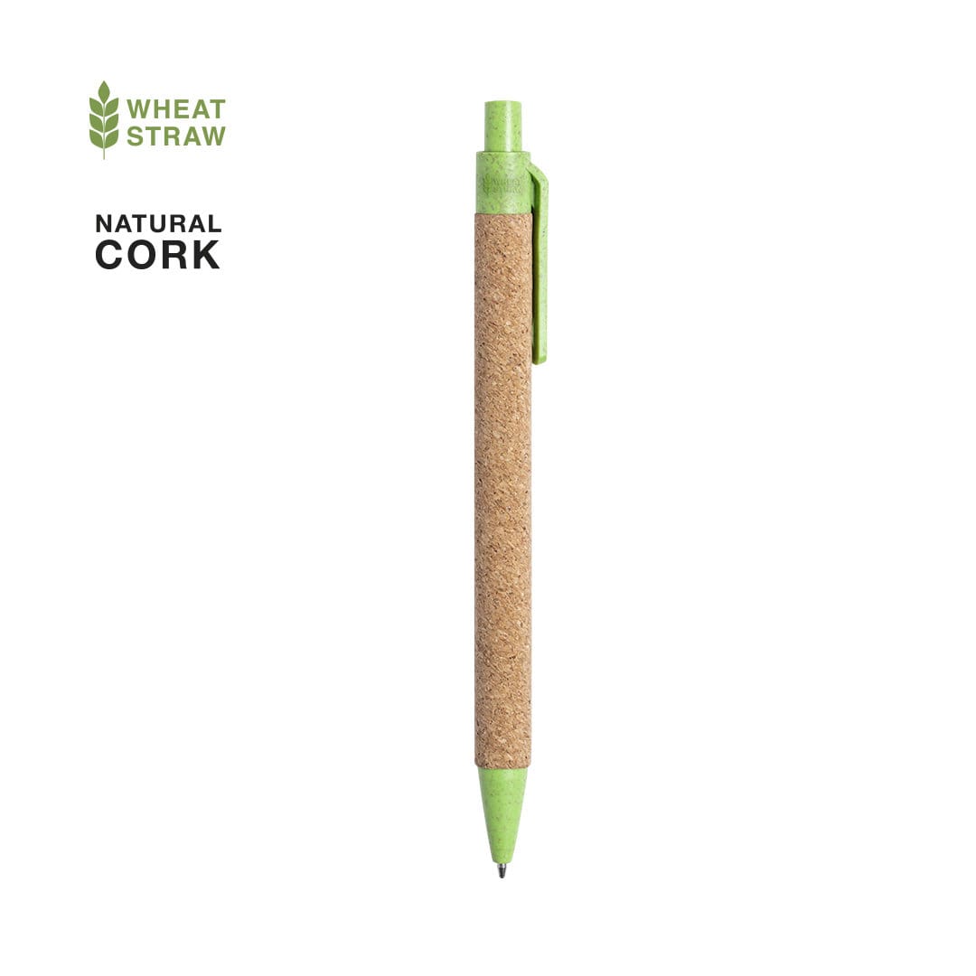 A green pen with a natural cork body and a green clip, featuring a logo on its surface. Yarden Pen - Image 1