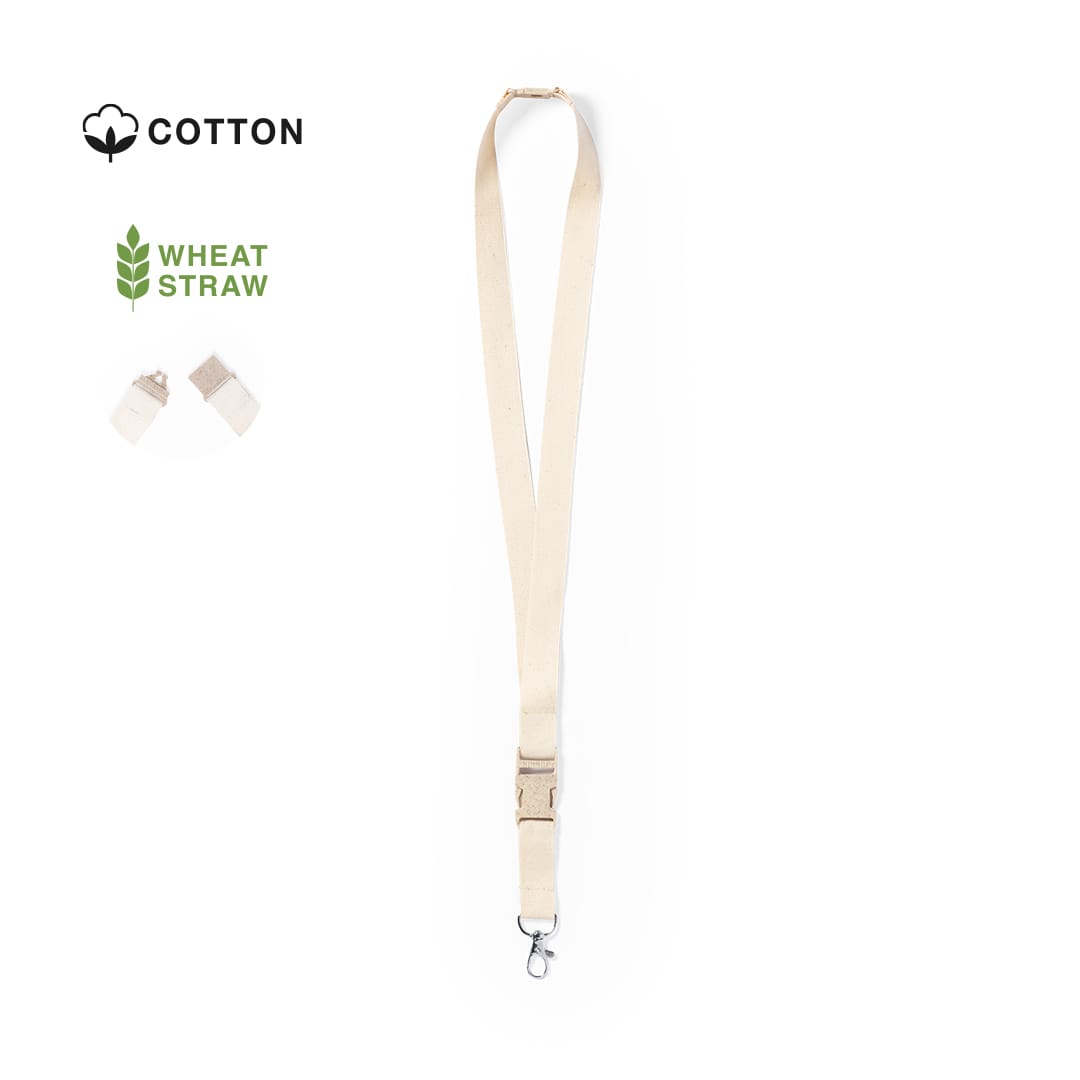 A beige lanyard made from cotton, featuring a logo and attachments for convenience. Troix Lanyard - Image 1