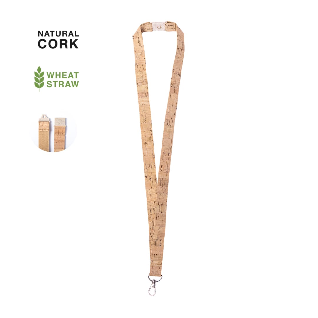 A natural cork lanyard with a textured design, featuring a metal clip and wheat straw accents. Bespal Lanyard - Image 1