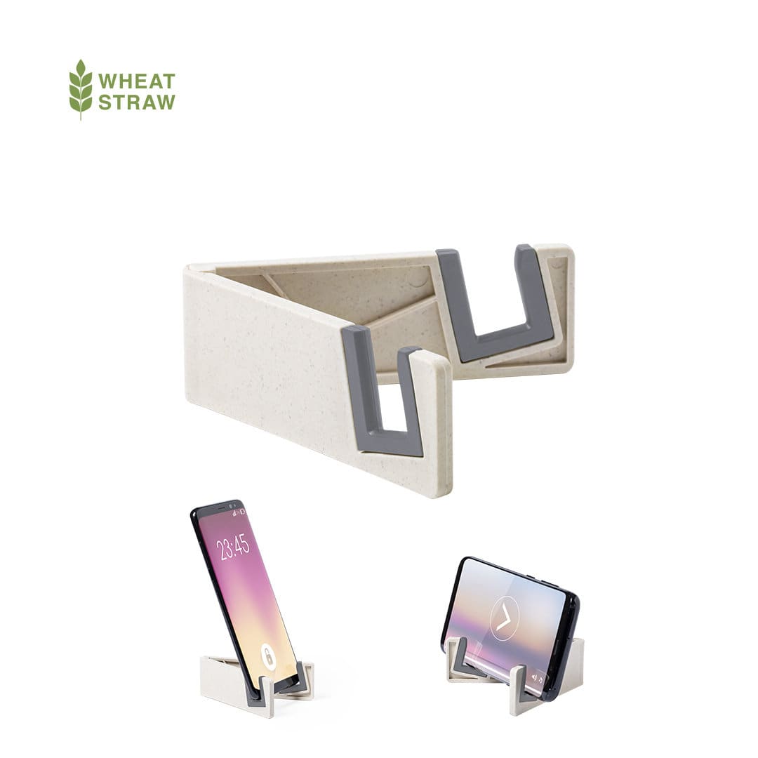 A phone stand made from wheat straw, featuring a neutral colour with grey accents, designed for holding mobile devices. Lastrow - Image 1