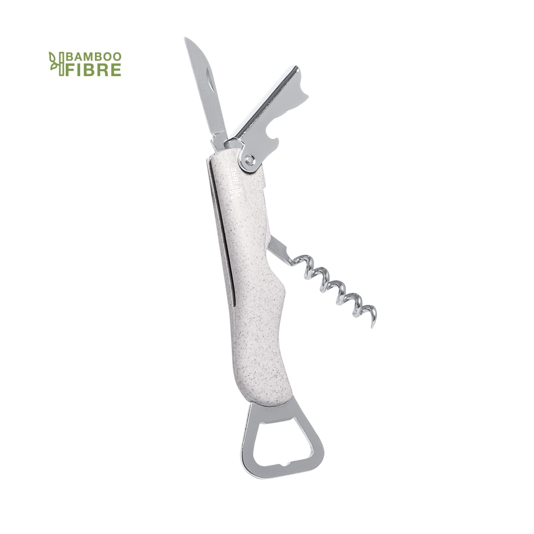 A drink bottle corkscrew opener with a silver metal body and a white handle made from bamboo fibre. Features a logo. Lavip Corkscrew Opener - Image 1