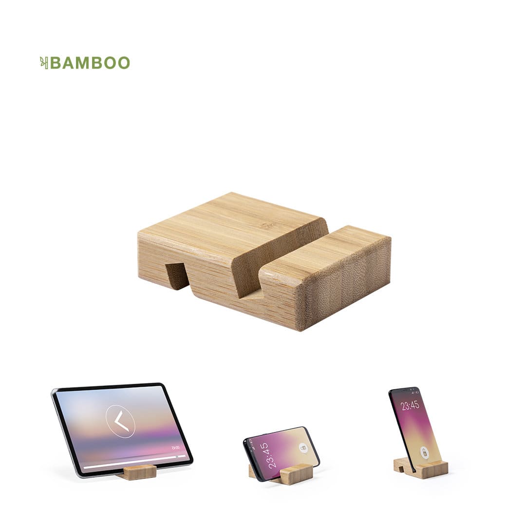 A bamboo phone holder with a minimalist design, featuring two grooves for different devices and a logo. Delim Holder - Image 1