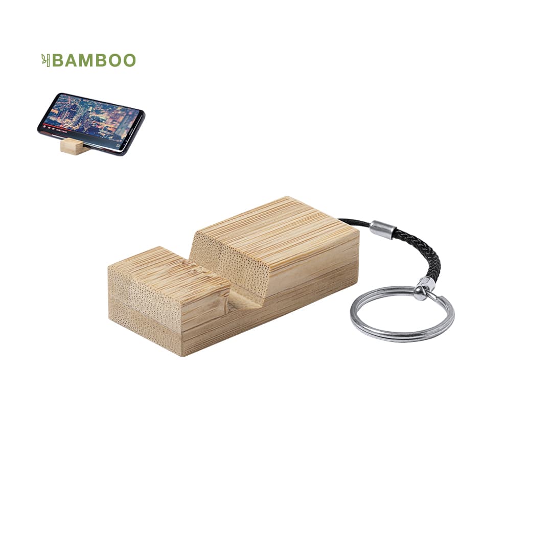 A bamboo keyring holder with a keychain attachment, designed to securely support a smartphone. Maros Holder Keyring - Image 1