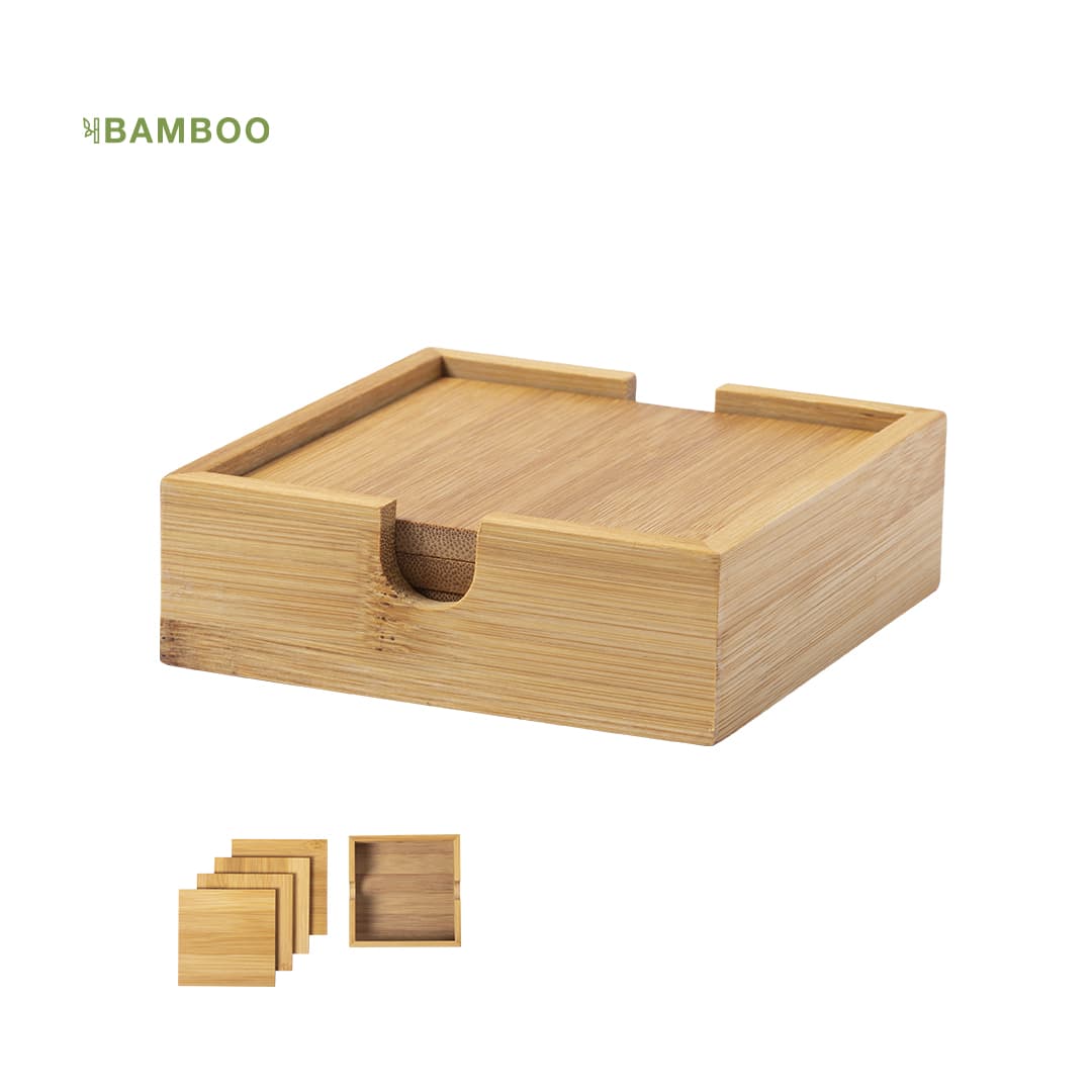 A bamboo coaster set with a square storage box and four coasters, showcasing natural wood tones. Kappal Coaster Set - Image 1