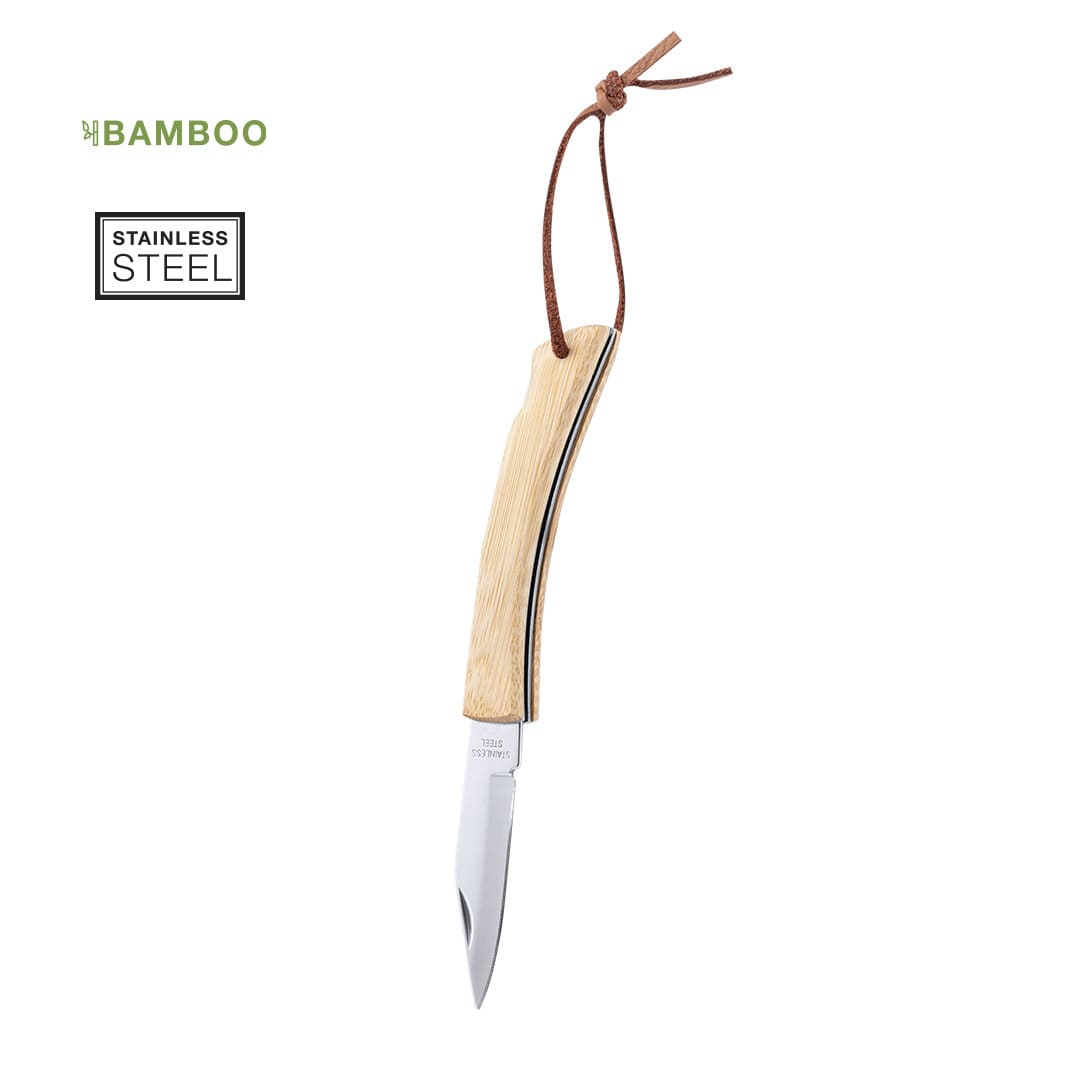 A bamboo-handled pocket knife with a stainless steel blade and a leather lanyard. Features a logo. Sultan Pocket Knife - Image 1