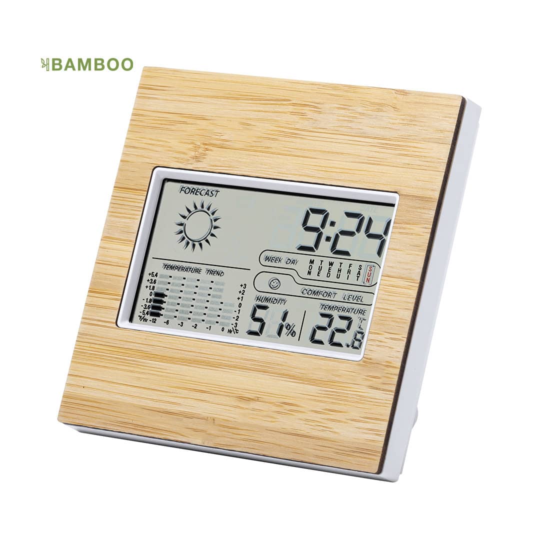 A weather station with a bamboo frame, displaying time, temperature, humidity, and forecast information. Behox Weather Station - Image 1
