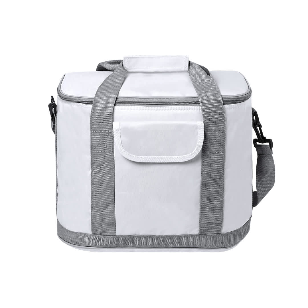 A white cooler bag with grey straps and a front pocket, featuring a zippered closure and an adjustable shoulder strap. Sindy Cool Bag - Image 1