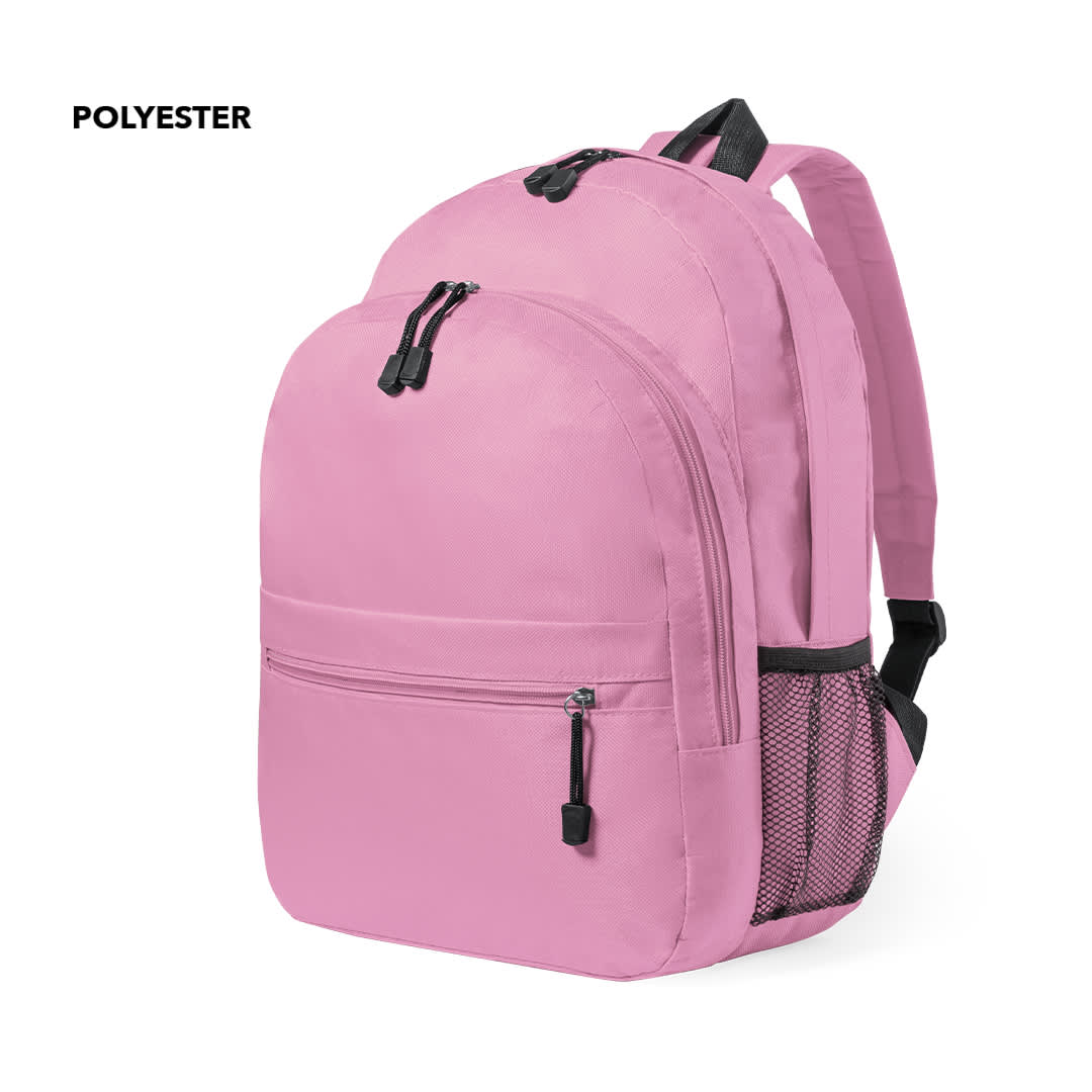 A pink backpack made of polyester with zippers and a side mesh pocket. Features adjustable shoulder straps. Ventix Backpack - Image 1