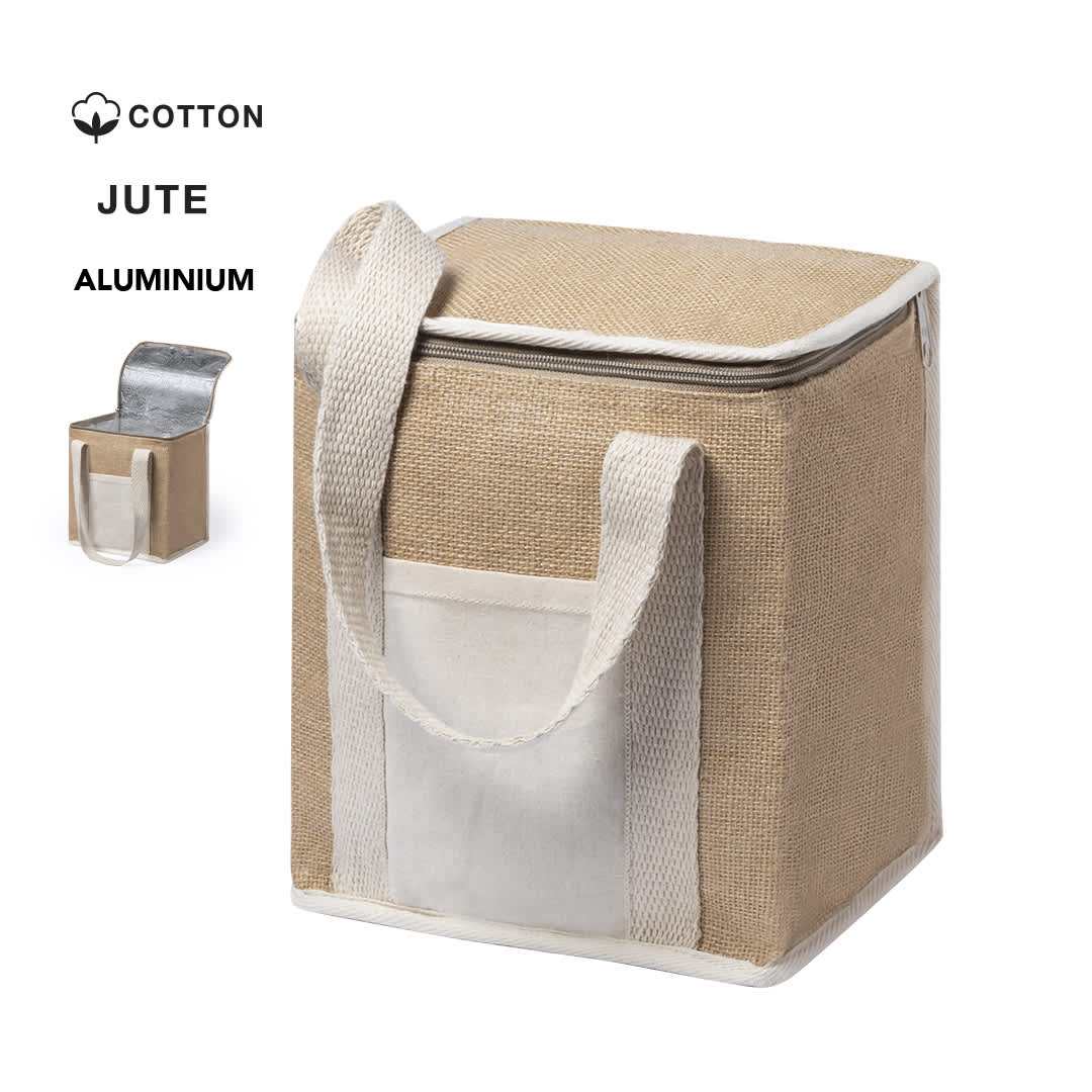 A jute cooler bag with a white trim and handles, featuring an insulated aluminium lining. Ponix Cool Bag - Image 1