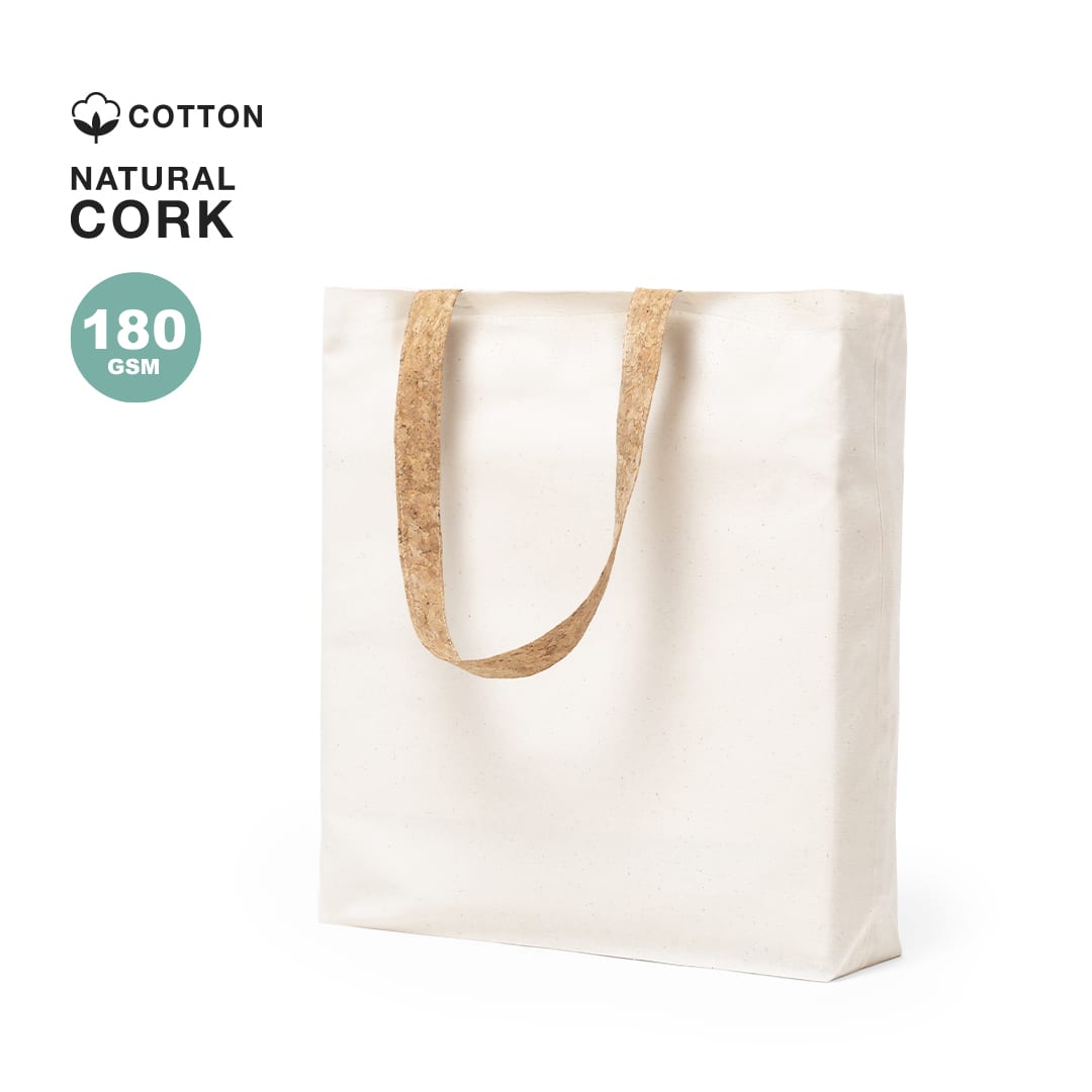 A natural cotton tote bag with cork handles, featuring a plain white exterior. It includes a logo. Tuarey Bag - Image 1