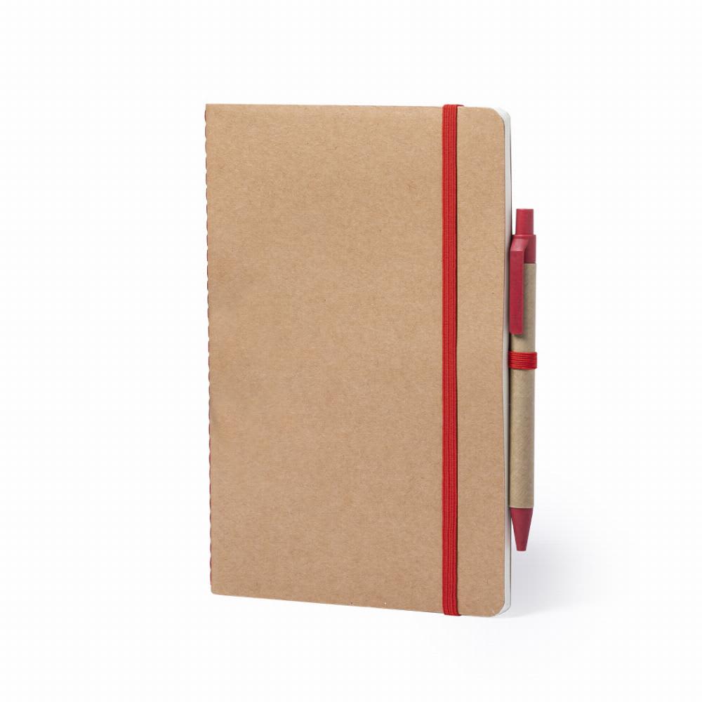 A notebook with a brown cover, featuring a red elastic band and a red pen attached. It has a simple logo. Esteka - Image 1