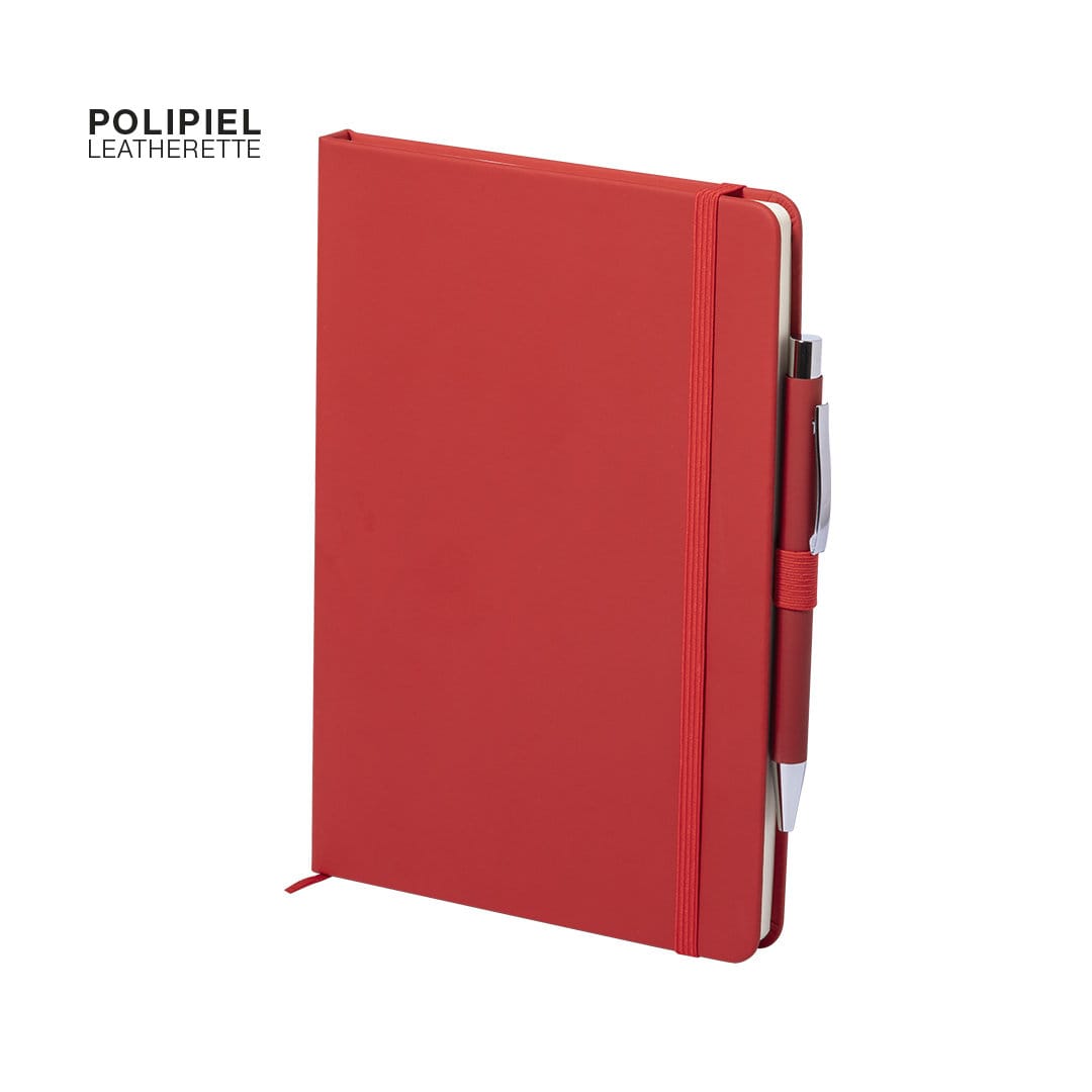 A red leatherette notepad with a pen holder and an elastic band closure. It features a logo in the top corner. Robin Notepad - Image 1