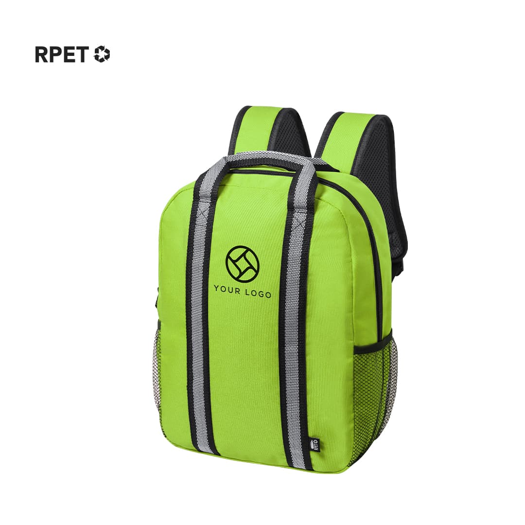 A bright green backpack with grey straps and a mesh side pocket, featuring a logo on the front. Fabax Backpack - Image 1