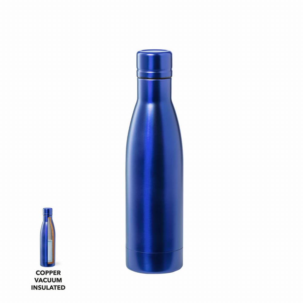 A drink bottle in a shiny blue finish with a sleek, insulated design and a logo. Copper vacuum insulated. Kungel - Image 1