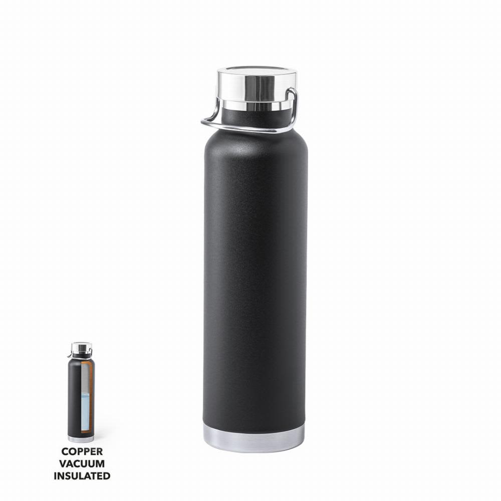 A drink bottle in black with a silver bottom and a lid, featuring a logo. It is vacuum insulated. Staver - Image 1