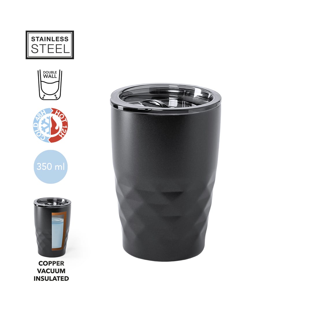 A drink bottle in matte black with a diamond design and a clear lid, featuring a stainless steel double wall. Blur Insulated Cup - Image 1