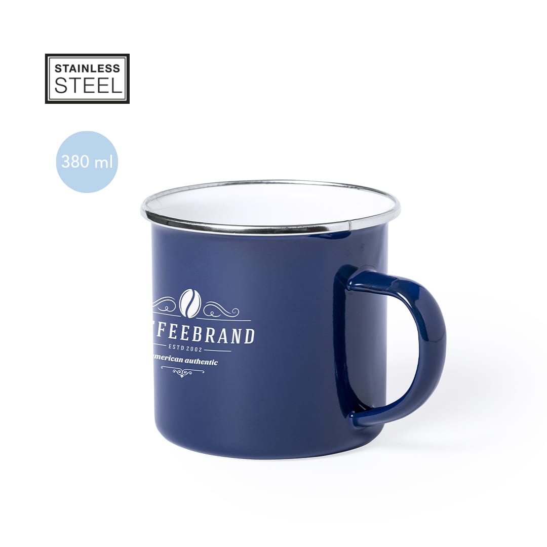 A stainless steel coffee mug in navy blue featuring a logo, with a capacity of 380 ml. Kirpal Mug - Image 1