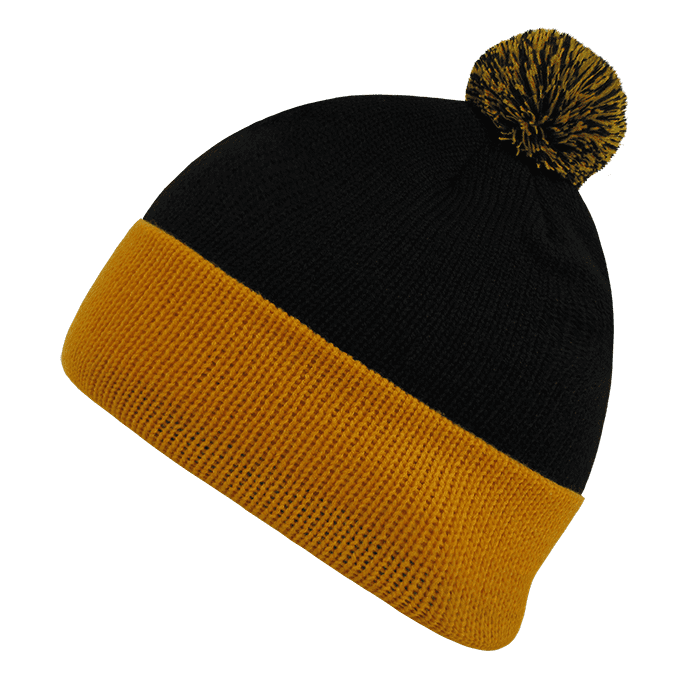 A black and gold beanie with a pom pom on top and a textured band. It features a logo on the side. Athletic Pom Pom Beanies - Image 1