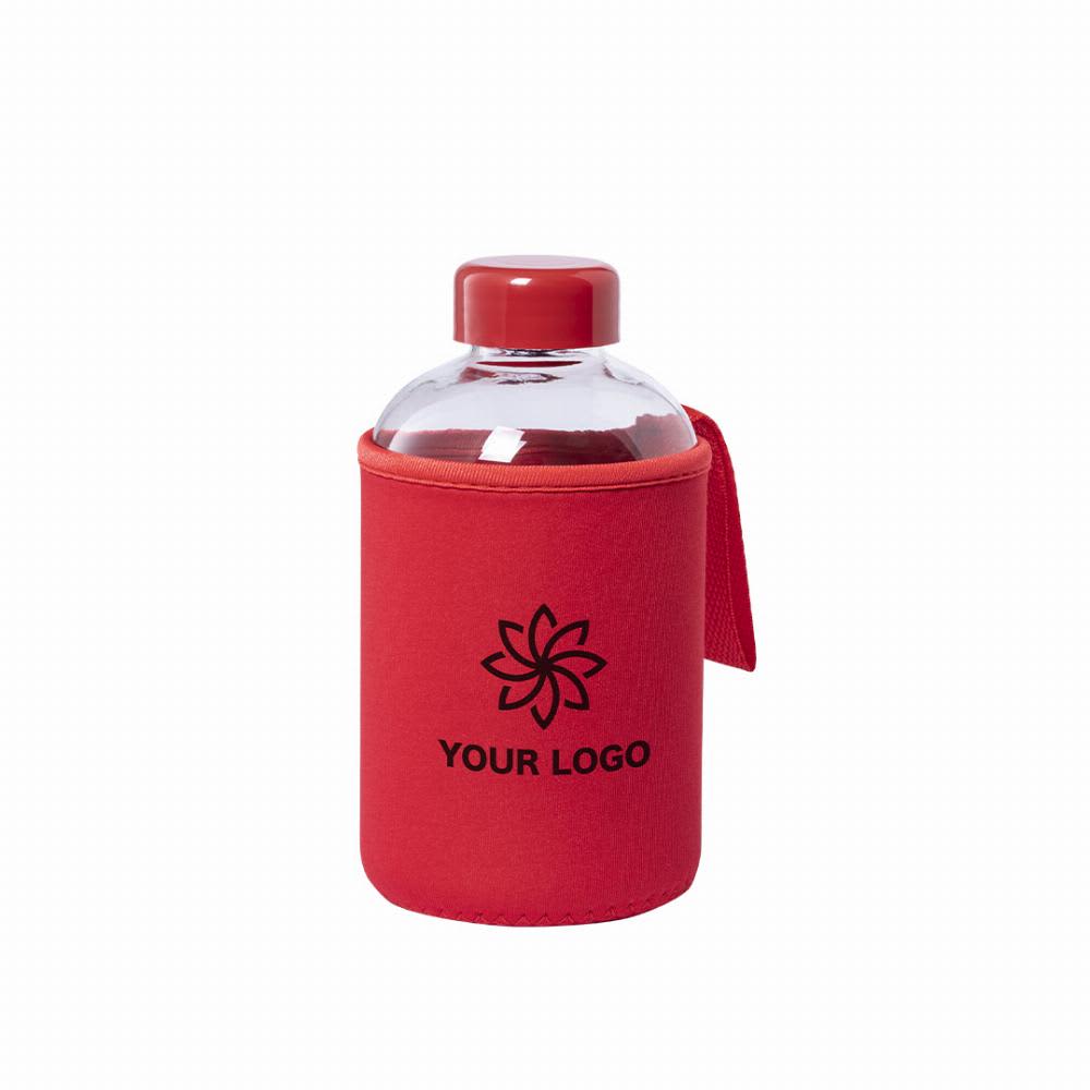 A drink bottle in a clear design with a red sleeve and a logo printed on it. Flaber - Image 1