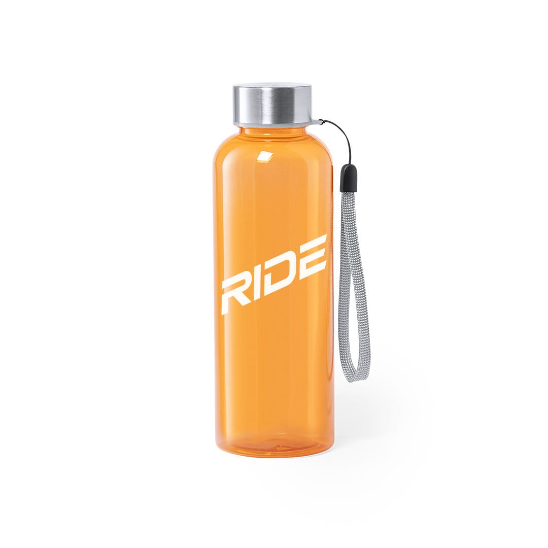 A drink bottle in a vibrant orange colour with a silver lid and a strap, featuring a logo. Rizbo Bottle - Image 1
