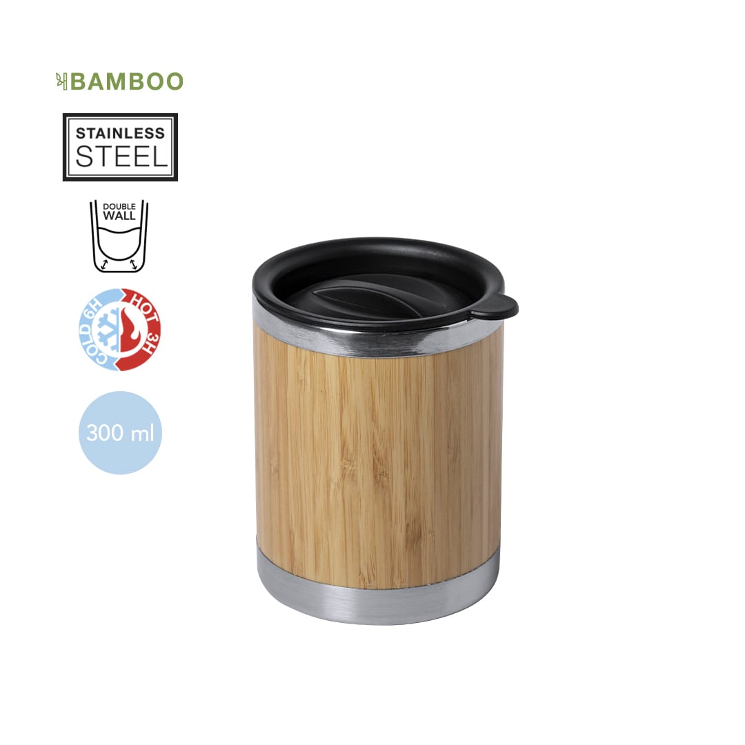 A drink bottle featuring a bamboo exterior, stainless steel interior, and a black lid, with a double-wall design. Lubon Insulated Cup - Image 1