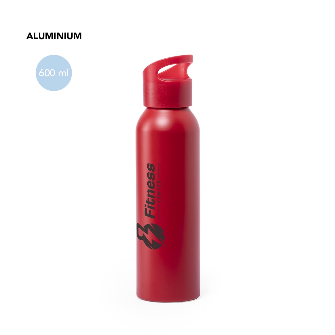 A drink bottle in red aluminium with a red cap, featuring a logo, holding 600 ml. Runtex Bottle - Image 1