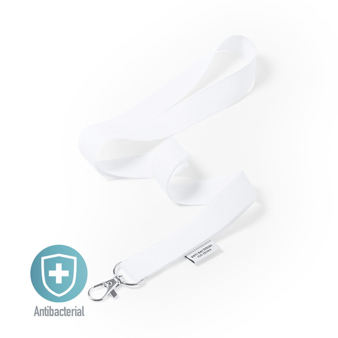 A white antibacterial lanyard with a silver clip and a branding logo. Ideal for events and exhibitions. Yest Antibacterial Lanyard - Image 1