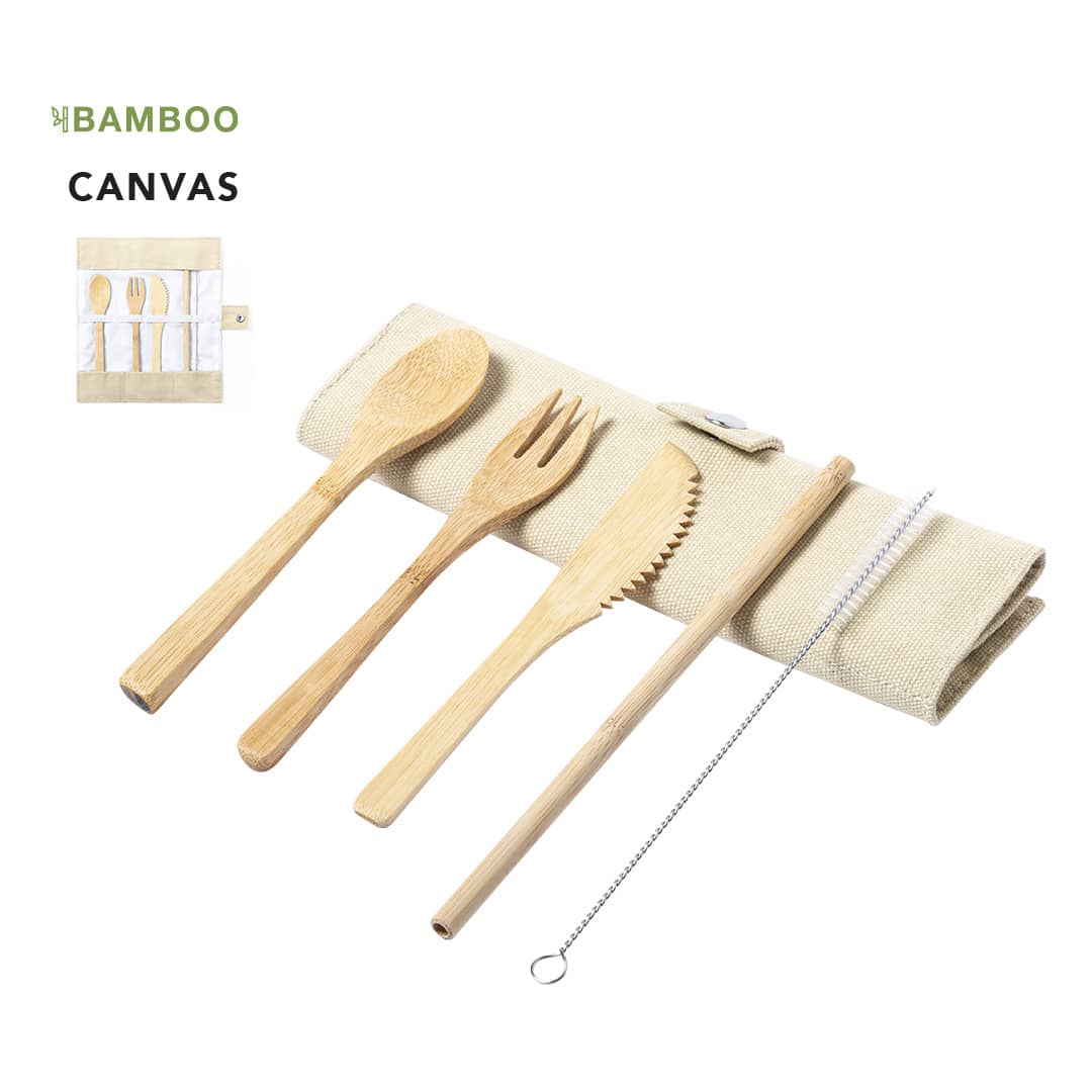 A bamboo cutlery set featuring a spoon, fork, knife, straw, and cleaner, packaged in a canvas roll. Corpax Cutlery Set - Image 1
