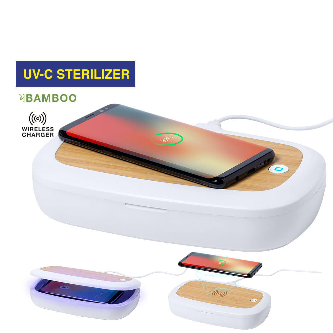 A white sterilizer box with a bamboo lid, featuring a wireless charging area and a smartphone on top. Strey Charger UV Sterilizer Box - Image 1