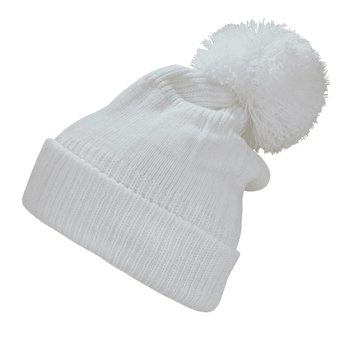 A white beanie with a large pom pom on top, featuring a knitted texture and a folded brim. Giant Pom Beanies - Image 1