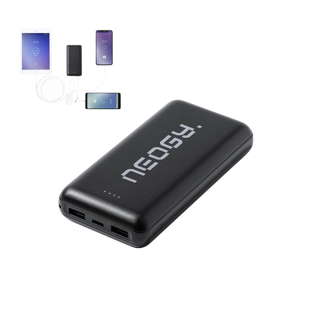 A black power bank with multiple USB ports and a logo, alongside images of devices being charged. Kiubert Power Bank - Image 1