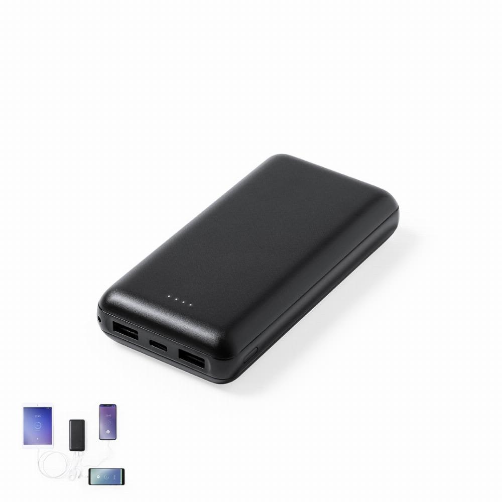 A black portable power bank with multiple USB ports and indicator lights, alongside images of devices it can charge. Kiubert - Image 1